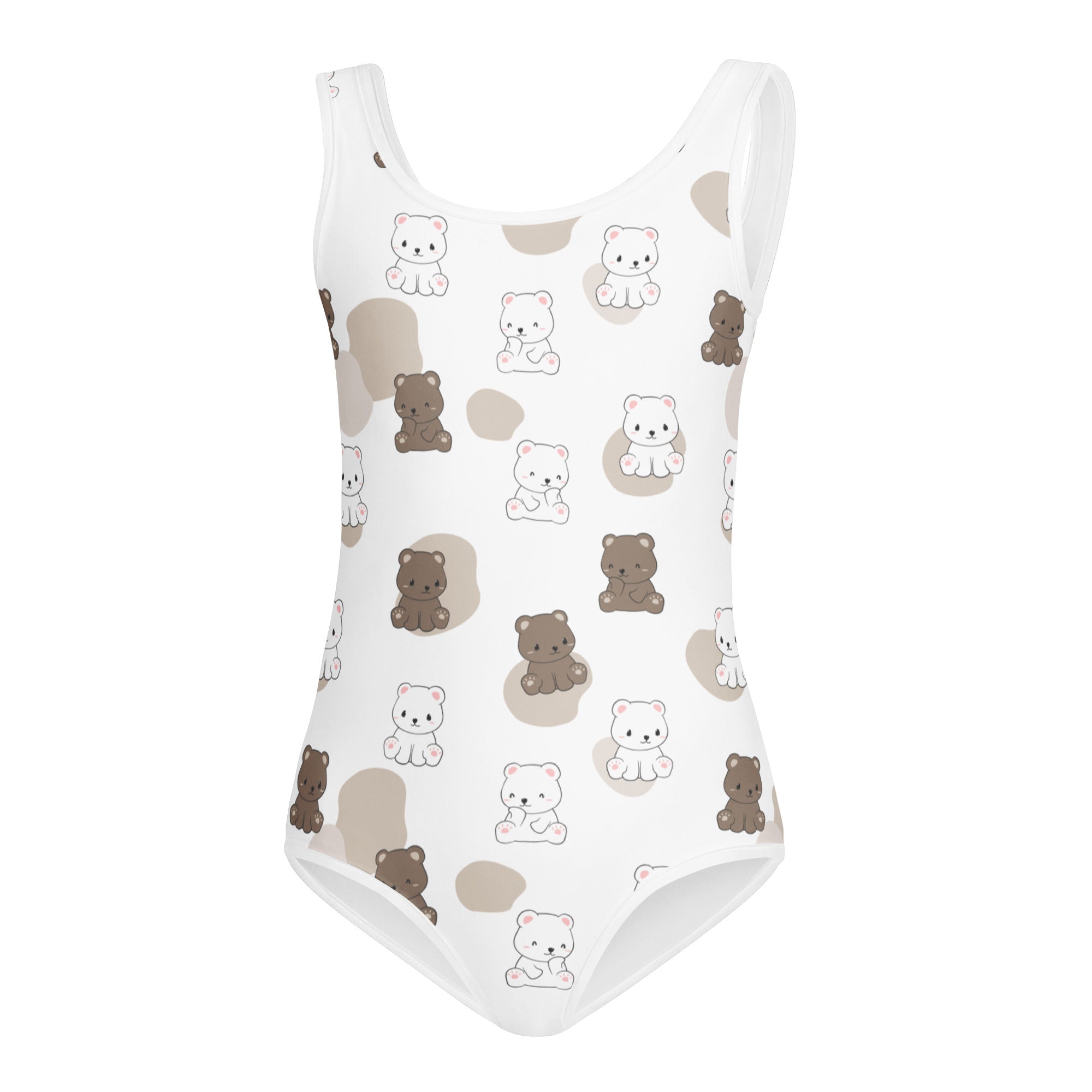 Girls kawaii bear buttery soft white one-piece swimsuit with cartoon polar and brown bears for dance and gymnastics