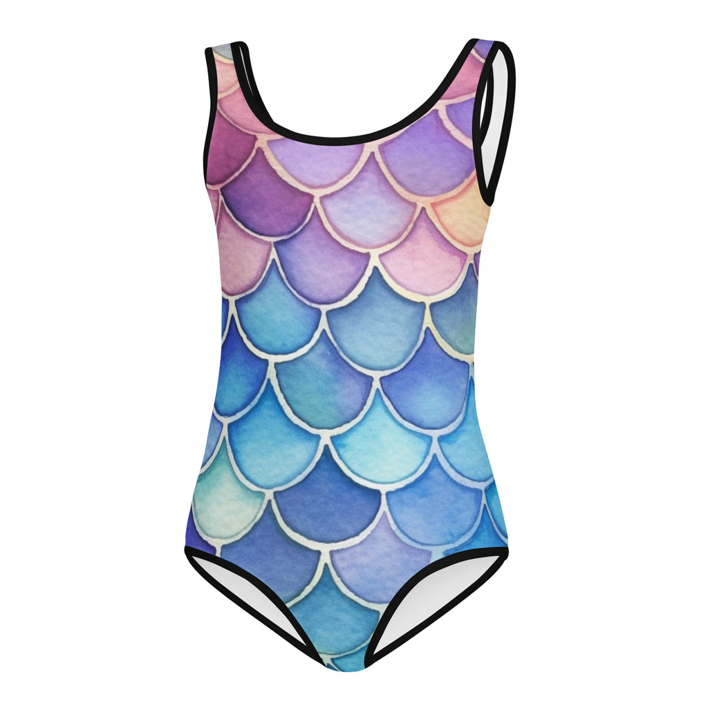 Girls watercolor mermaid scale buttery soft one-piece swimsuit with purple pink blue gradient and black trim for dance and gymnastics