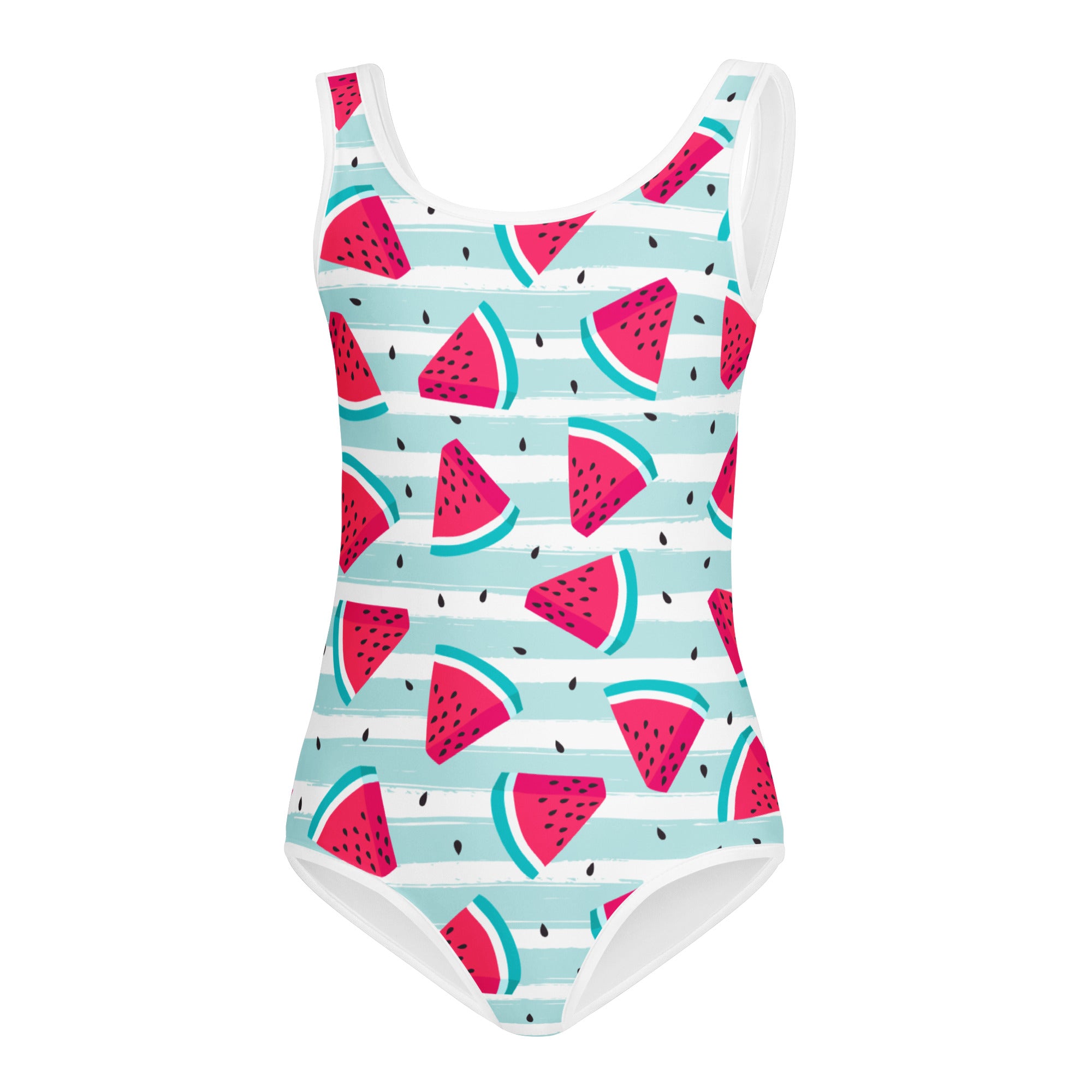 Girls striped watermelon buttery soft one-piece swimsuit with pink green slices on light blue stripes for dance and gymnastics