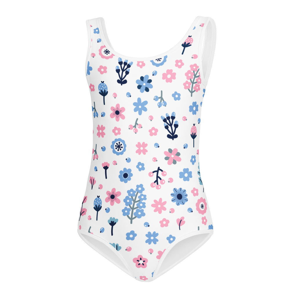 Girls pink and blue flowers buttery soft white one-piece swimsuit with floral pattern quick drying for dance and gymnastics
