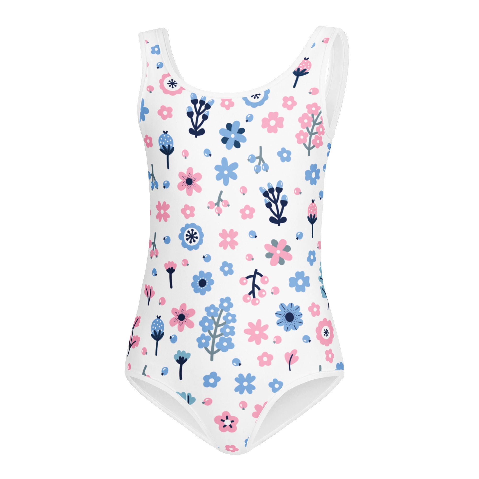 Girls pink and blue flowers buttery soft white one-piece swimsuit with floral pattern quick drying for dance and gymnastics