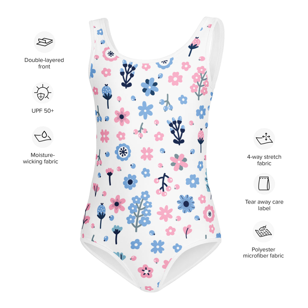 White girls one-piece swimsuit with pink and blue flower pattern green stems made of polyester microfiber quick drying