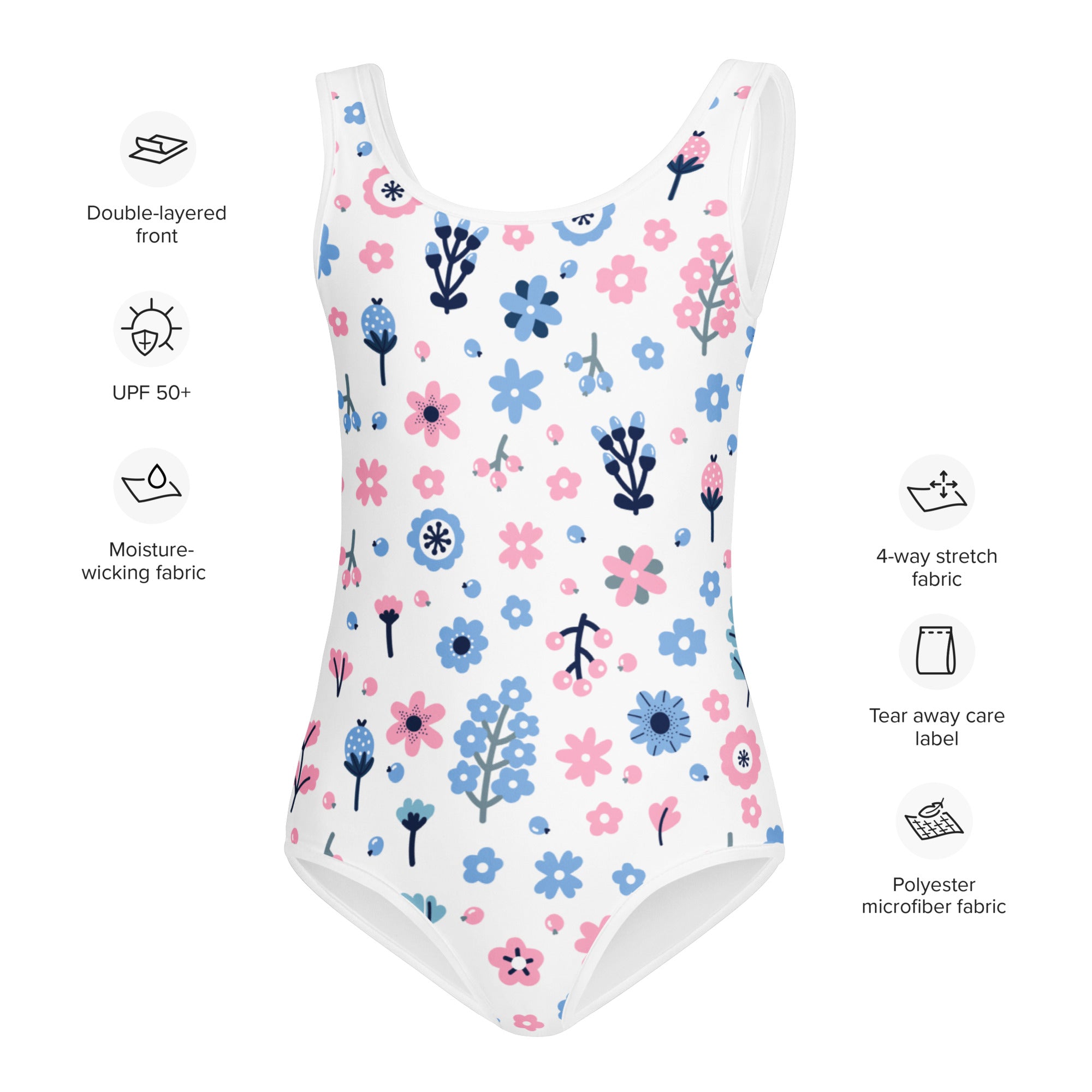 White girls one-piece swimsuit with pink and blue flower pattern green stems made of polyester microfiber quick drying