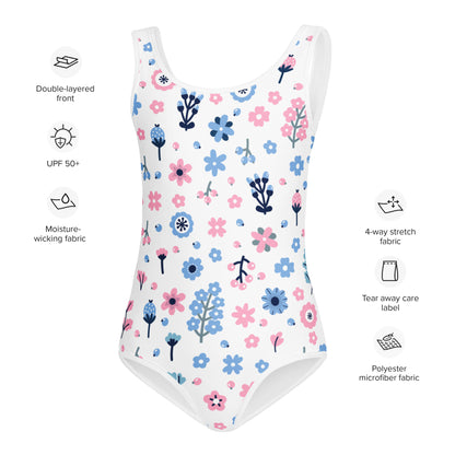 Girls Pink and Blue Flowers Buttery Soft Leotard - Quick Drying For Dance and Gymnastics
