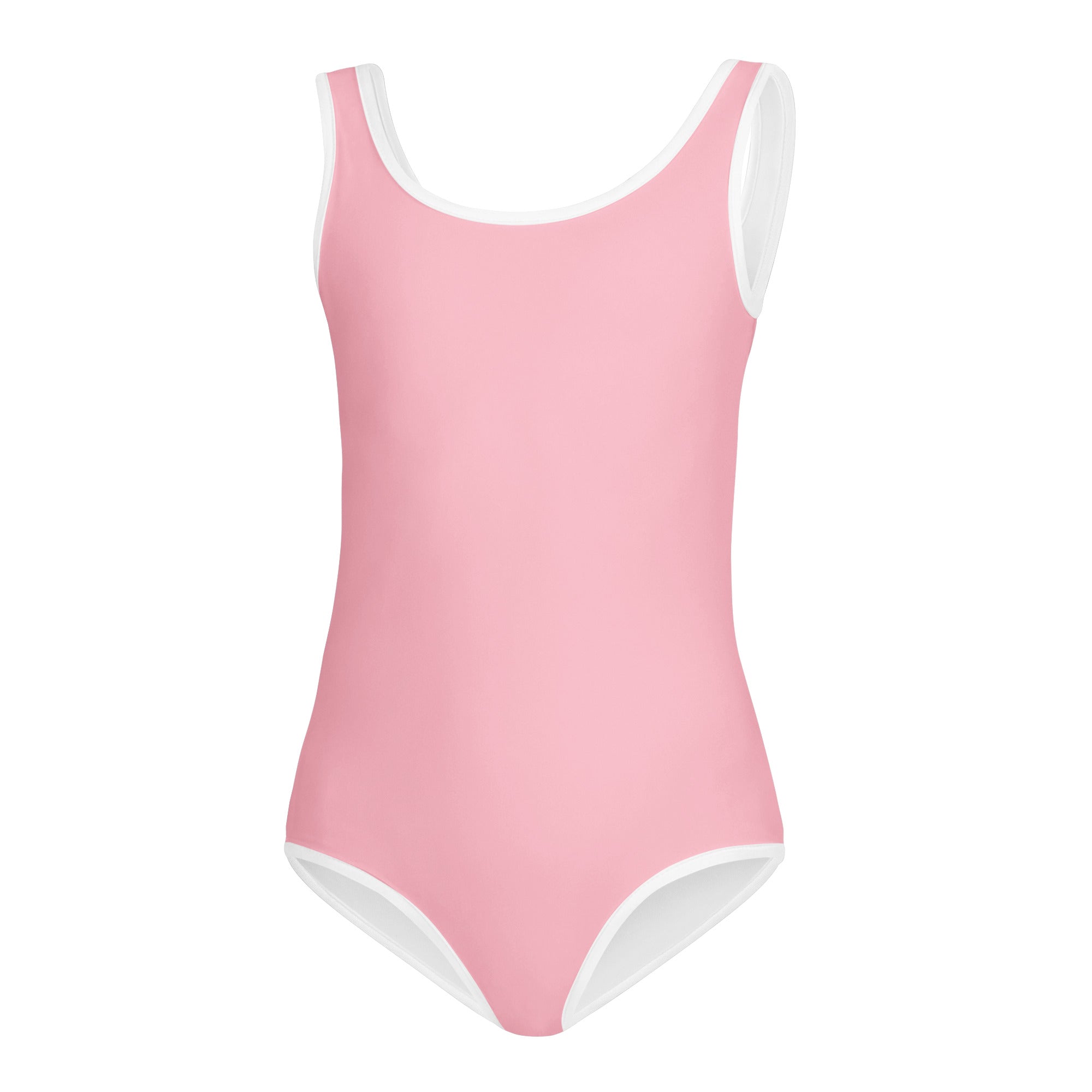 Girls light pink buttery soft quick drying one-piece swimsuit with white trim for dance and gymnastics