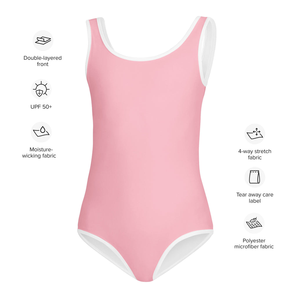 Girls light pink buttery soft one-piece swimsuit with white trim quick drying for dance and gymnastics use