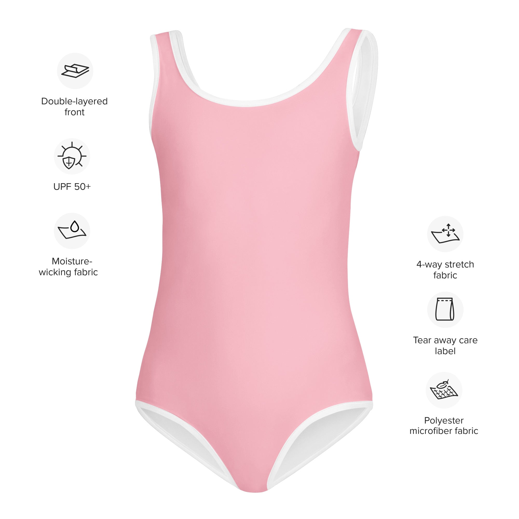 Girls light pink buttery soft one-piece swimsuit with white trim quick drying for dance and gymnastics use