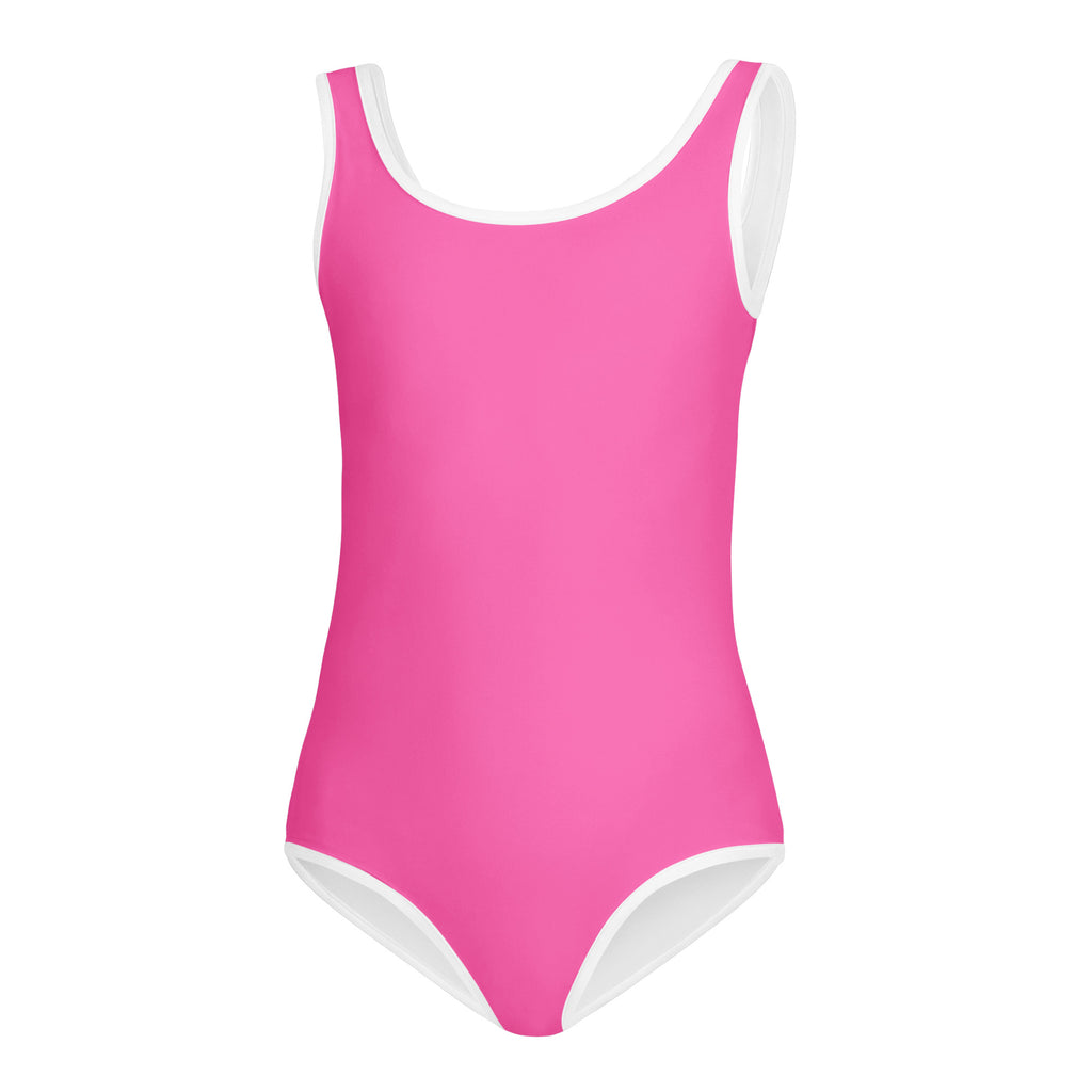 Girls hot pink buttery soft leotard with white trim quick drying for dance and gymnastics in a vibrant pink color