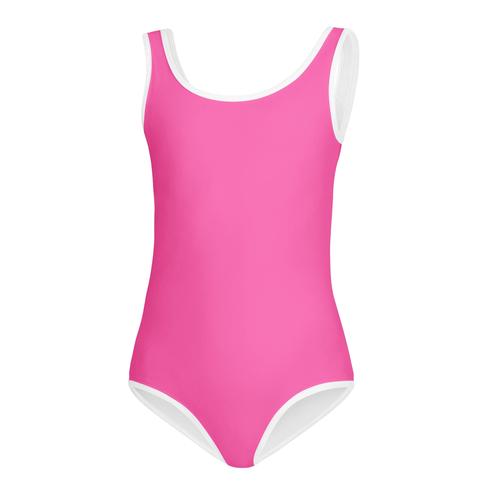 Girls hot pink buttery soft leotard with white trim quick drying for dance and gymnastics in a vibrant pink color