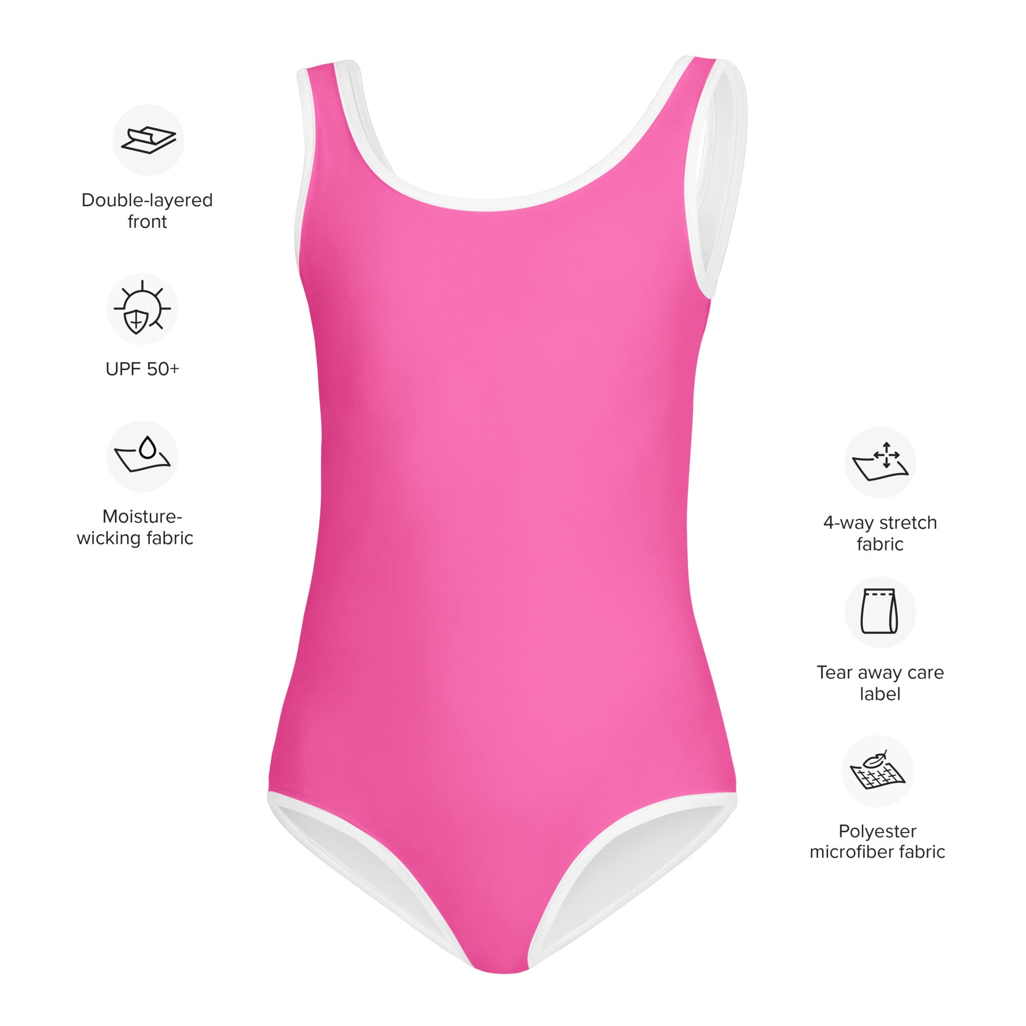Girls hot pink buttery soft one-piece swimsuit with white trim quick drying for dance and gymnastics