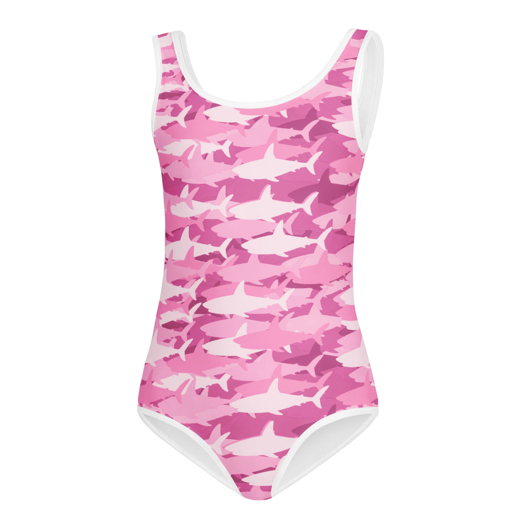 Girls pink shark camouflage one-piece swimsuit with white trim buttery soft quick drying for dance and gymnastics