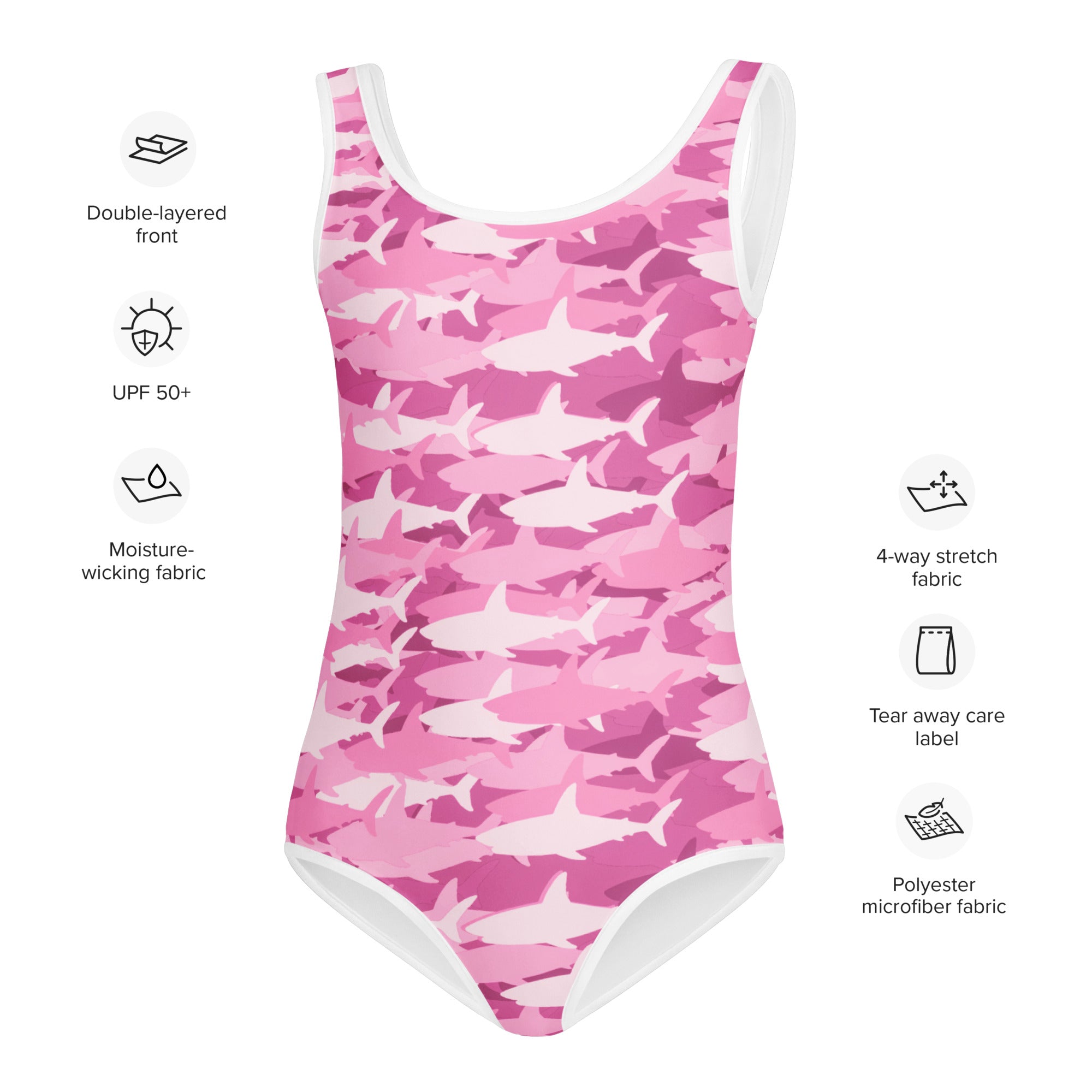 Girls pink shark camouflage one-piece buttery soft quick drying leotard with white trim for dance and gymnastics