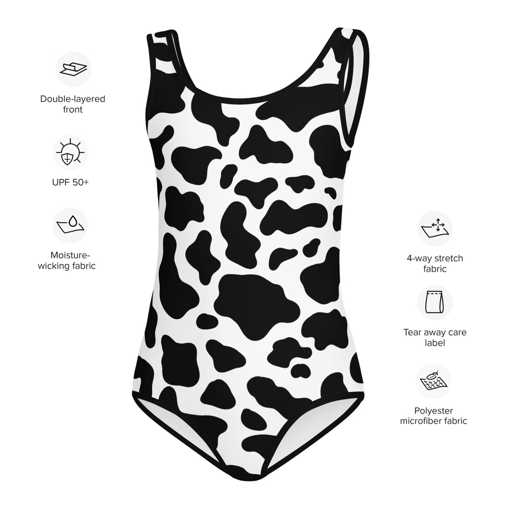 Girls cow print buttery soft one-piece swimsuit in black and white polyester microfiber for dance and gymnastics