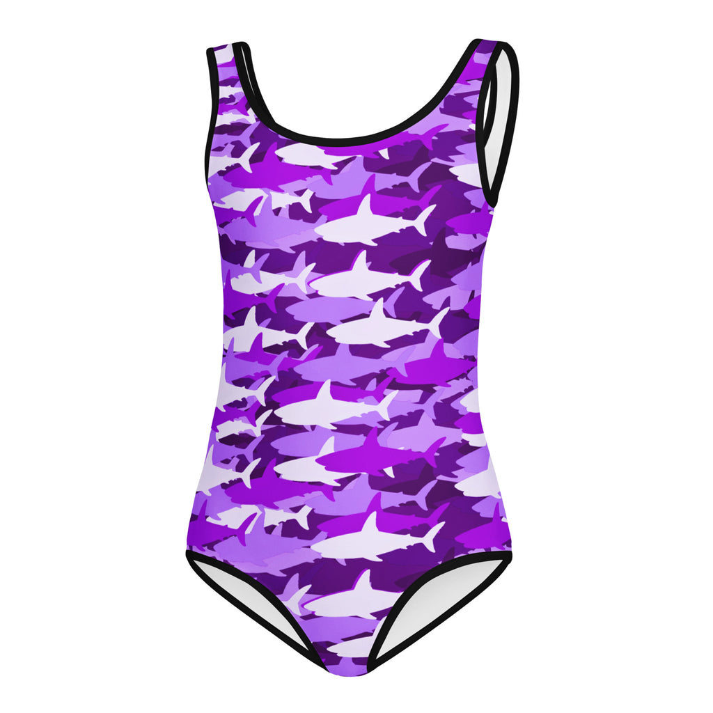Girls purple and white shark camouflage buttery soft leotard with black trim quick drying for dance and gymnastics