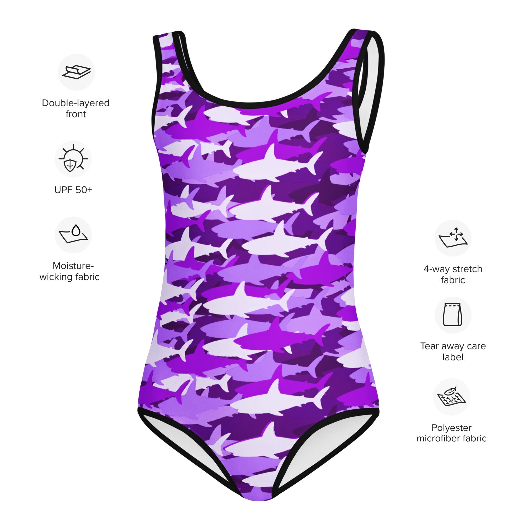 Girls purple and white shark camouflage one-piece leotard with black trim buttery soft quick drying for dance and gymnastics