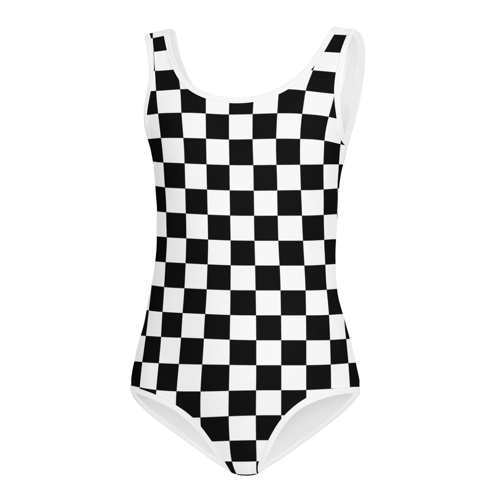 Girls black and white checkered buttery soft quick drying one-piece swimsuit with thin straps for dance and gymnastics