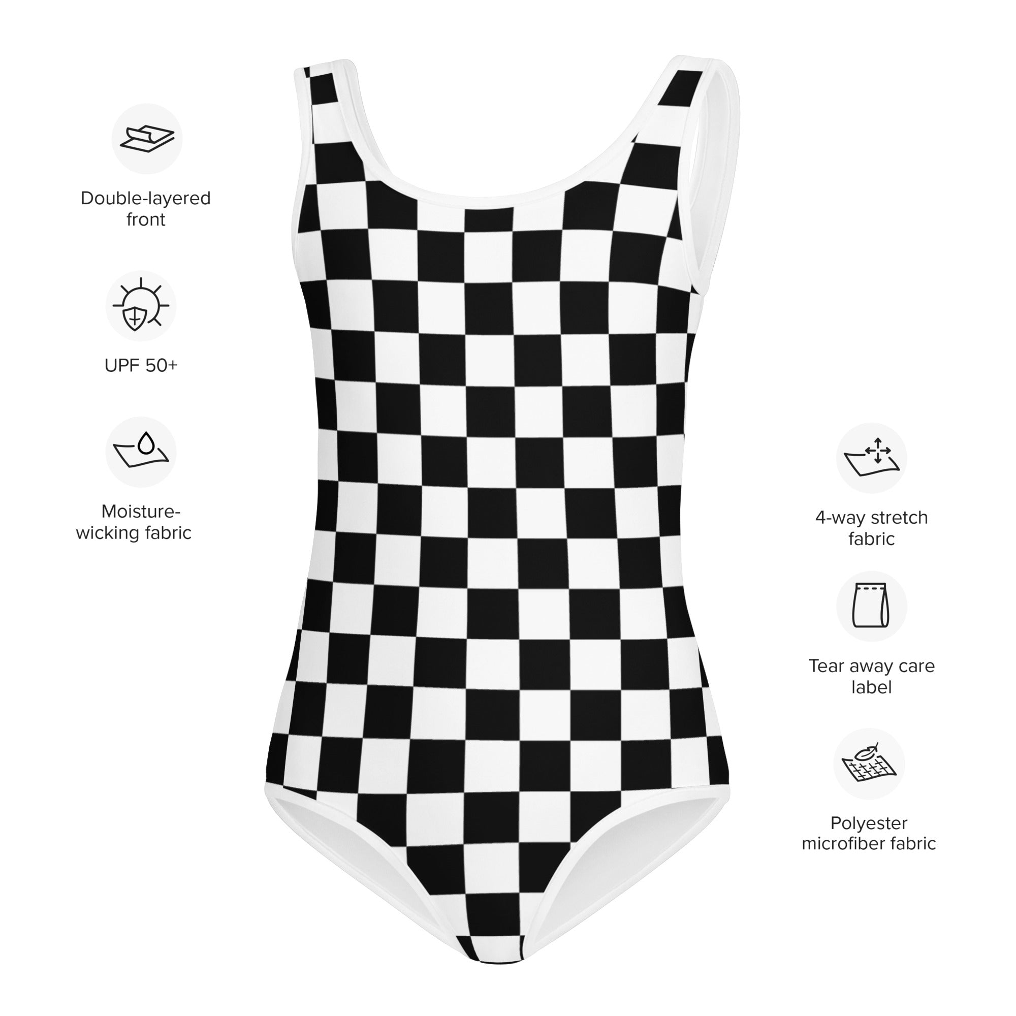 Girls black and white checkered buttery soft polyester microfiber leotard quick drying for dance and gymnastics