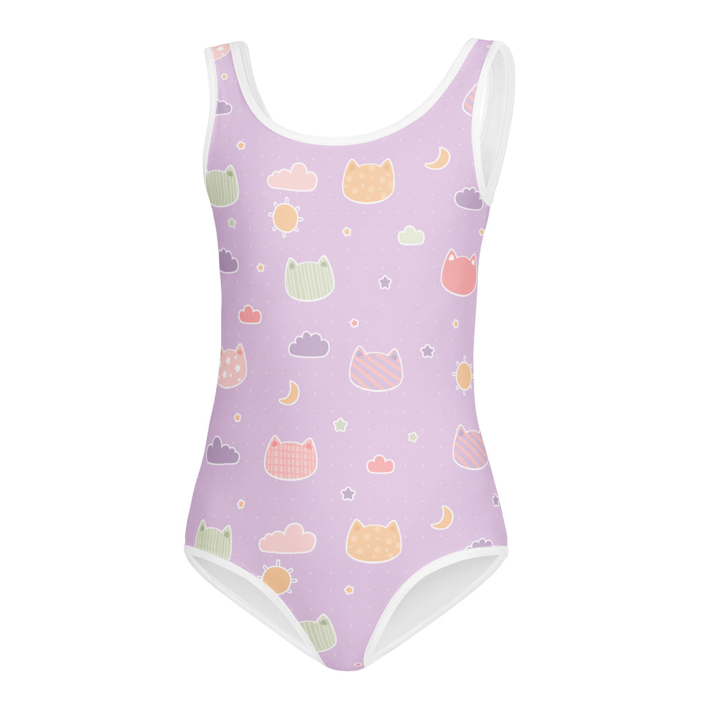 Girls Pastel Purple Kawaii Cats & Clouds Buttery Soft Leotard - Quick Drying For Dance and Gymnastics