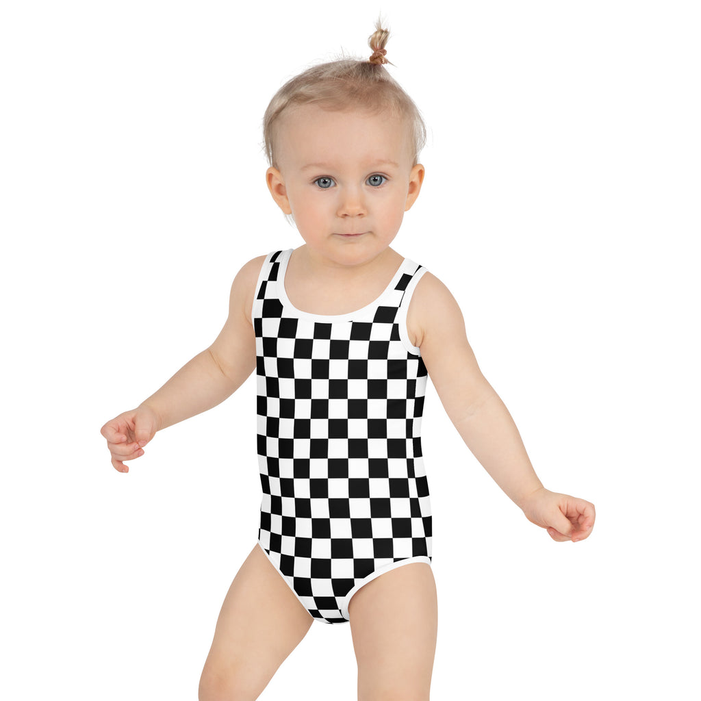 Girls black and white checkerboard buttery soft one-piece swimsuit for toddlers with UPF 50 plus sun protection