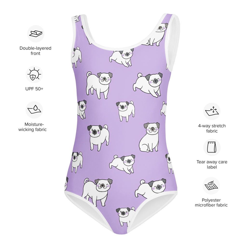 Girls purple pug buttery soft lavender one-piece swimsuit with playful dog pattern white trim and upf 50+ protection