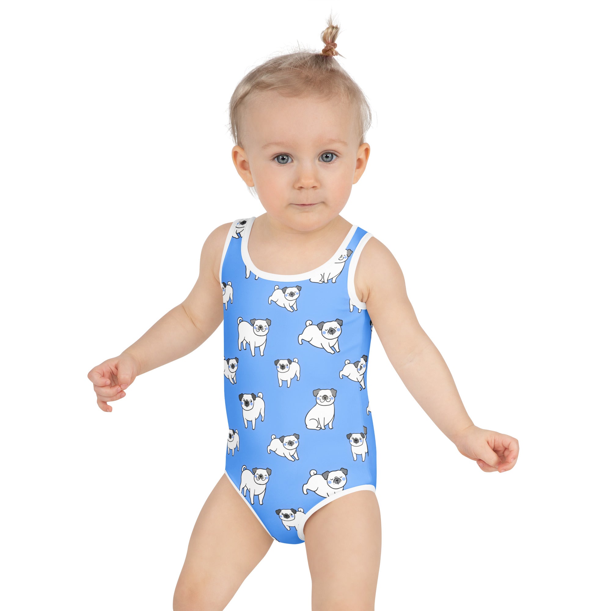 Girls Blue Pug Buttery Soft Swimsuit With UPF 50+