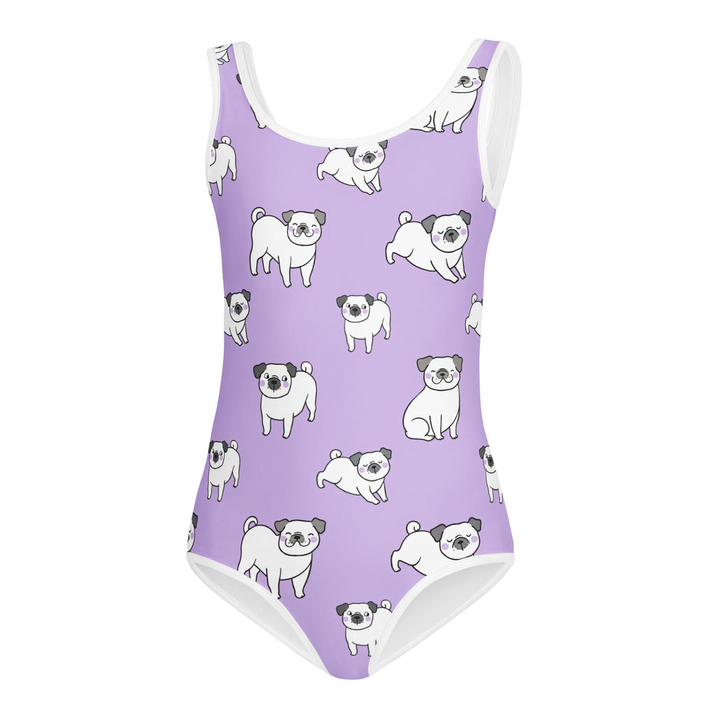 Girls purple pug buttery soft one-piece swimsuit with white pug pattern and solid white trim for dance and gymnastics