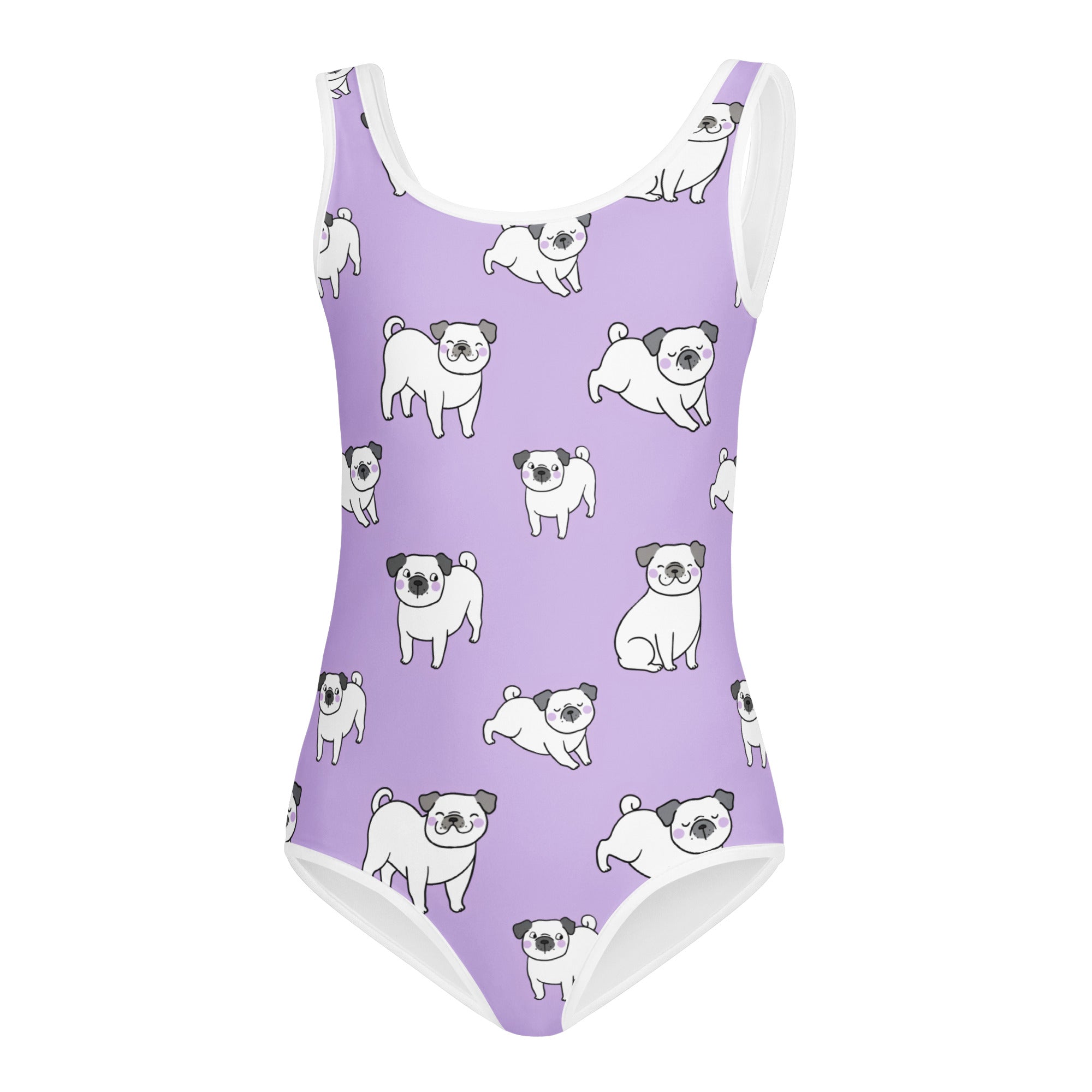 Girls purple pug buttery soft one-piece swimsuit with white pug pattern and solid white trim for dance and gymnastics