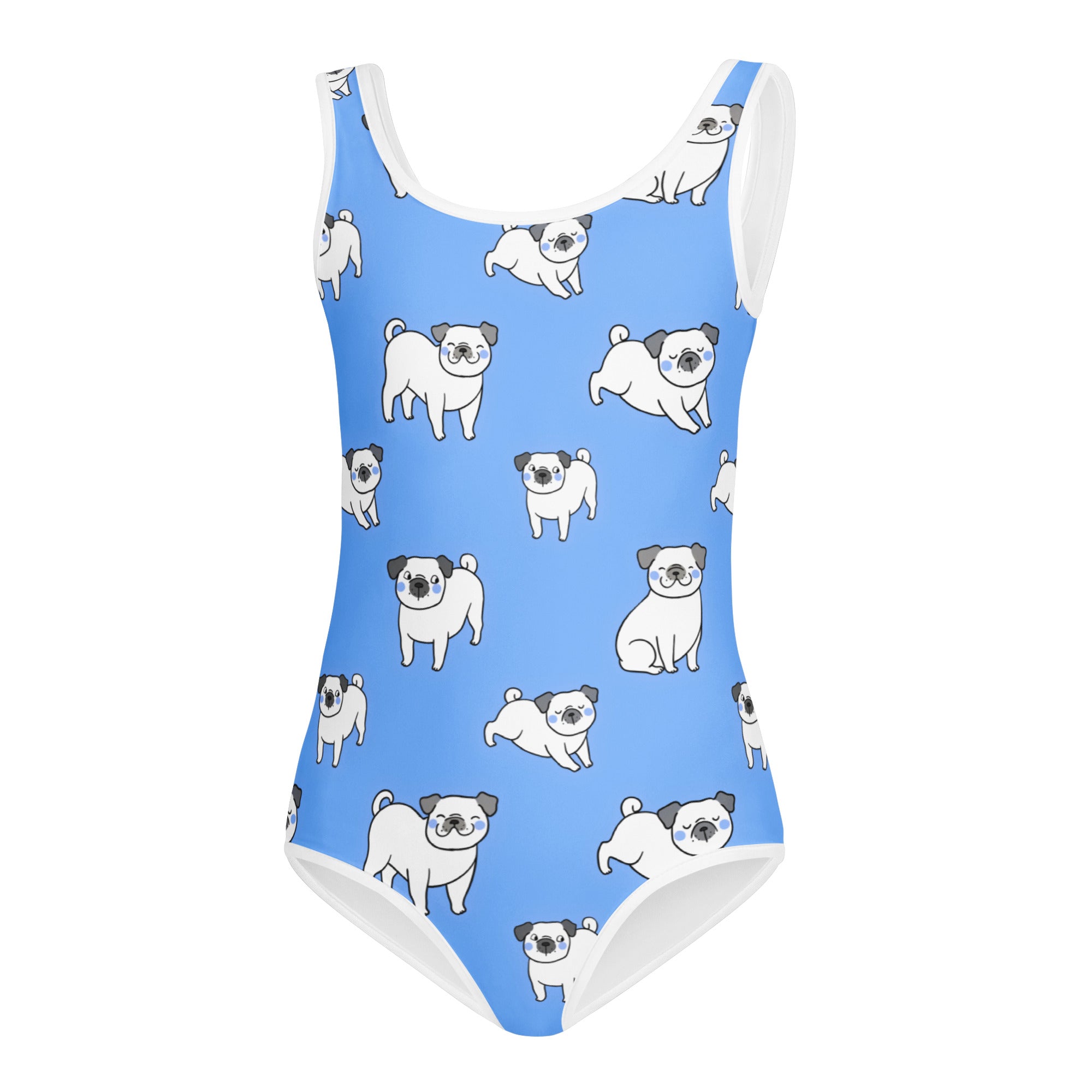 Girls blue pug buttery soft leotard with white trim and pug pattern quick drying for dance and gymnastics