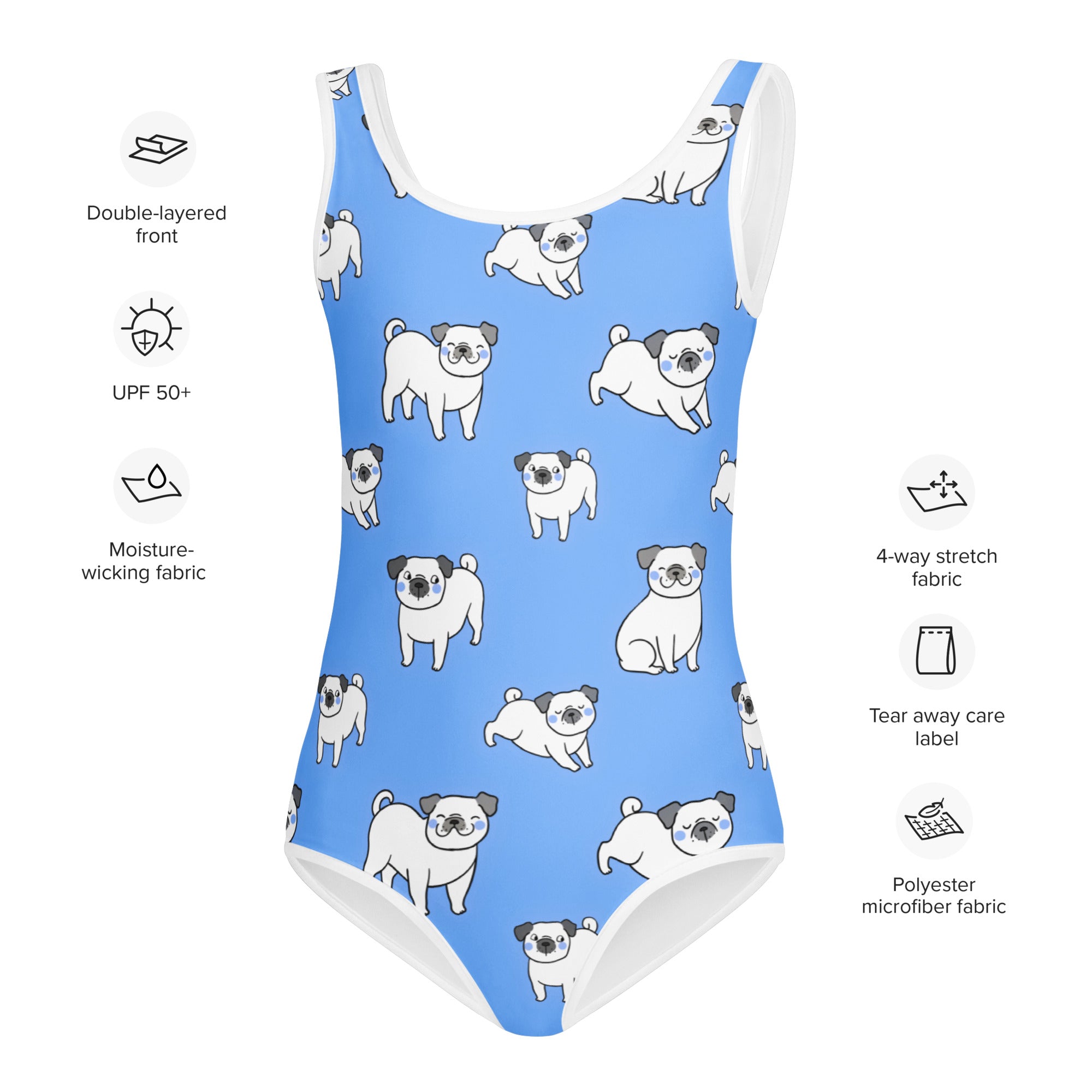 Girls blue pug buttery soft leotard with white pug pattern made from polyester microfiber for dance and gymnastics