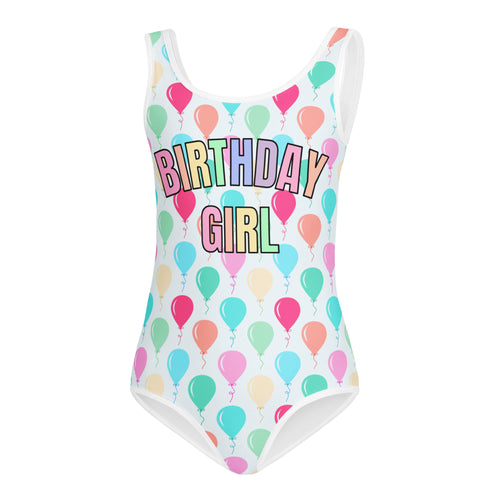 Girls birthday girl balloons buttery soft white leotard with colorful balloon pattern for dance and gymnastics