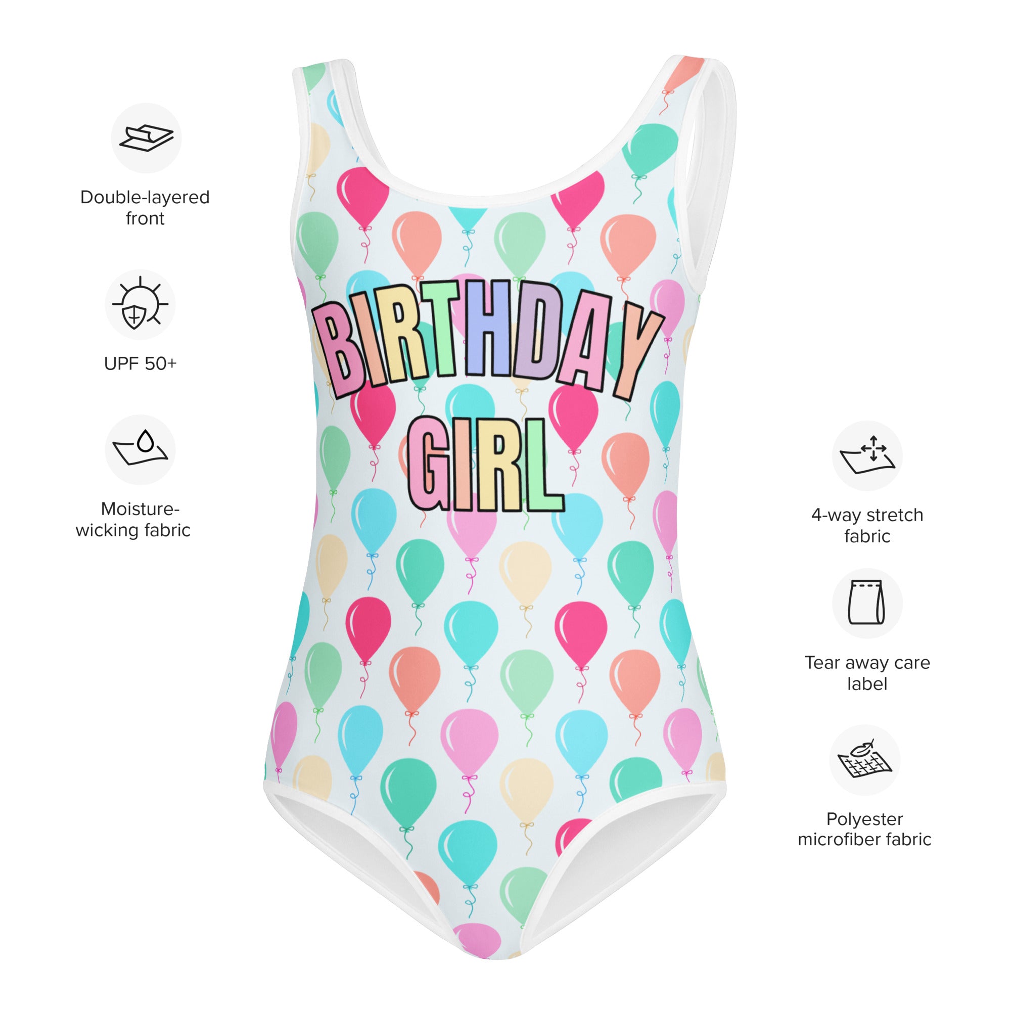 Girls birthday girl balloons white one-piece swimsuit with colorful balloon pattern and rainbow lettering for dance and gymnastics