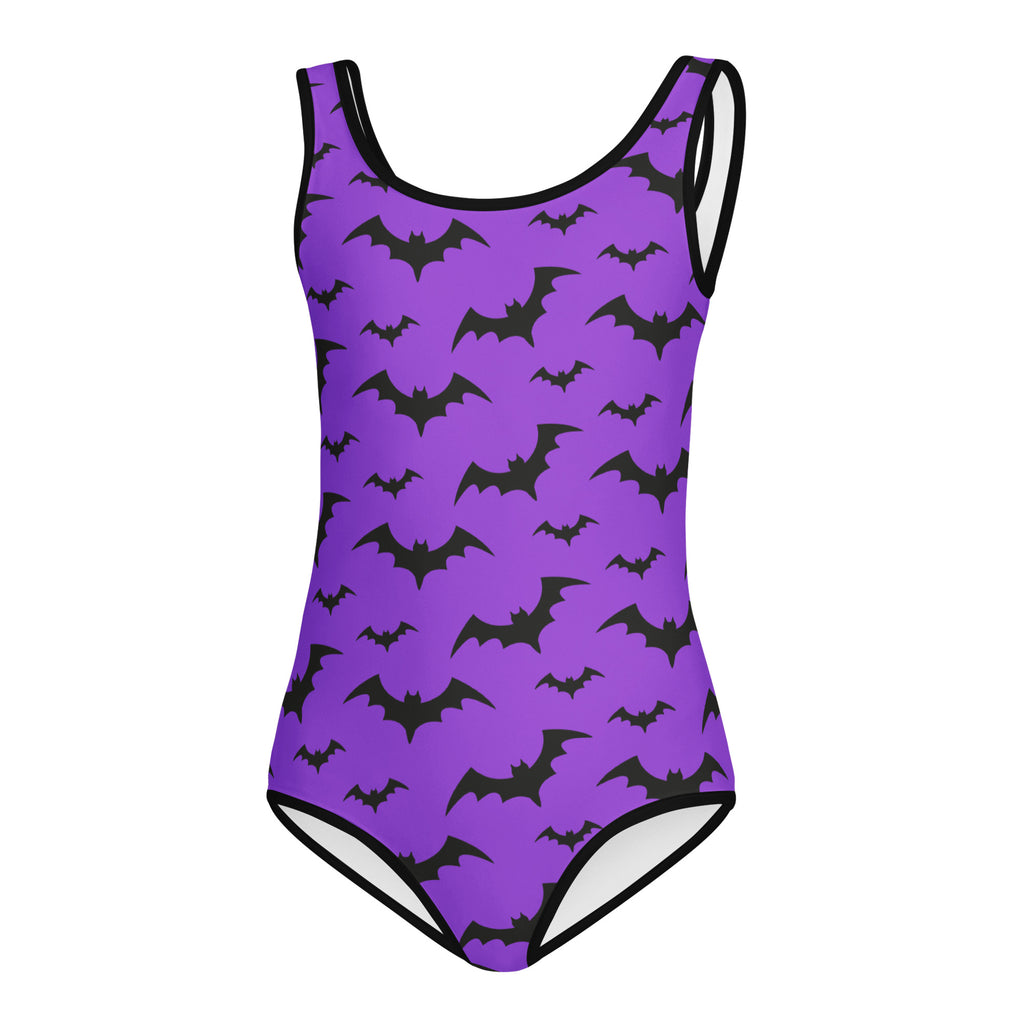 Girls purple buttery soft one-piece swimsuit with black bat pattern and trim for dance and gymnastics