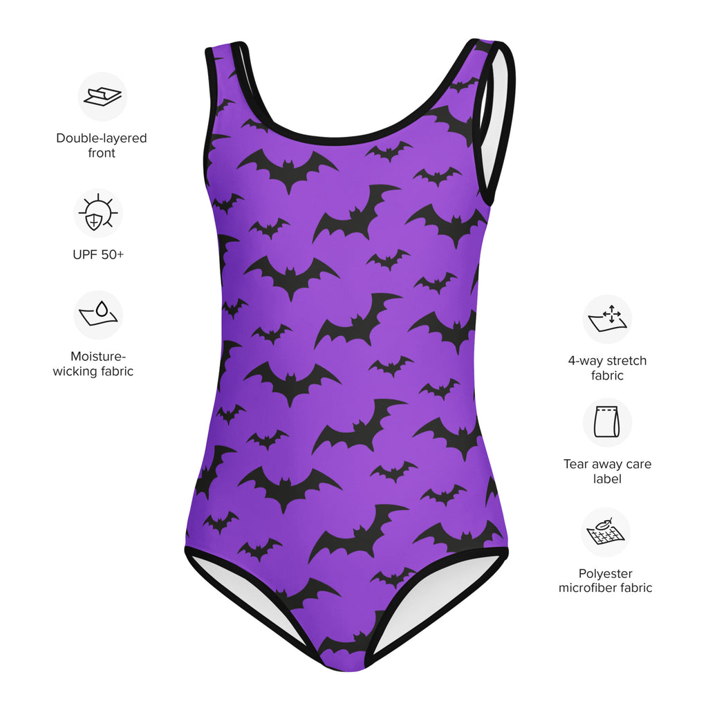 Girls purple one-piece swimsuit with black bat pattern and trim made of buttery soft quick-drying fabric for dance and gymnastics