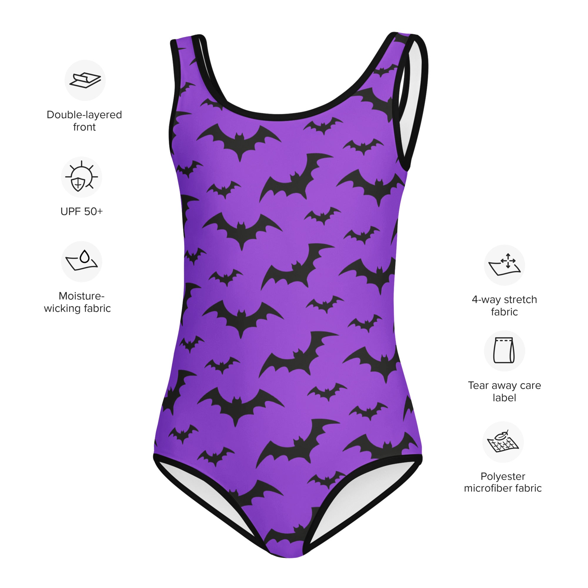 Girls purple one-piece swimsuit with black bat pattern and trim made of buttery soft quick-drying fabric for dance and gymnastics