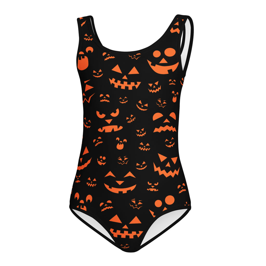 Black one-piece swimsuit with orange jack-o-lantern faces printed all over for girls quick drying buttery soft fabric