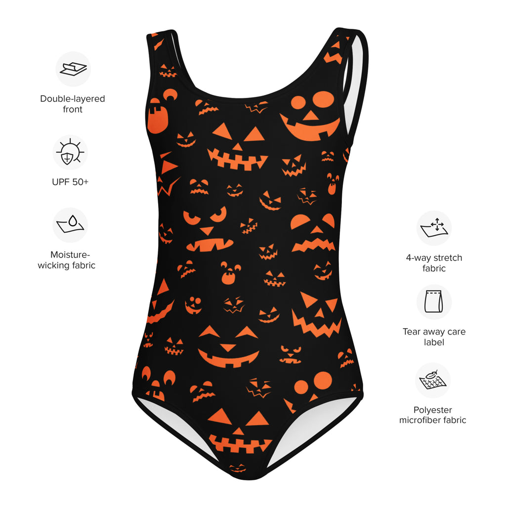 Black girls one-piece swimsuit with orange jack-o-lantern faces made from polyester microfiber for dance and gymnastics