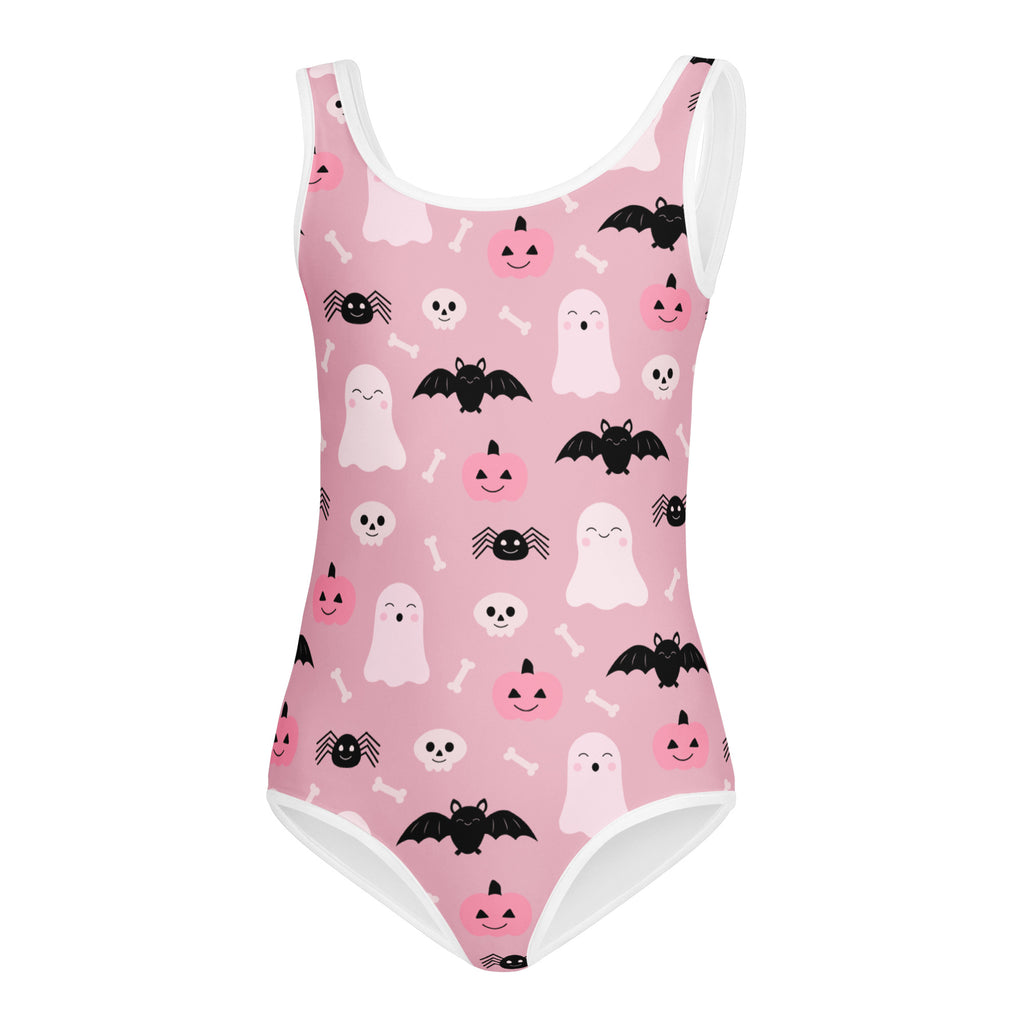 Girls pink cute ghosts and bats Halloween buttery soft one-piece swimsuit with white trim for dance and gymnastics