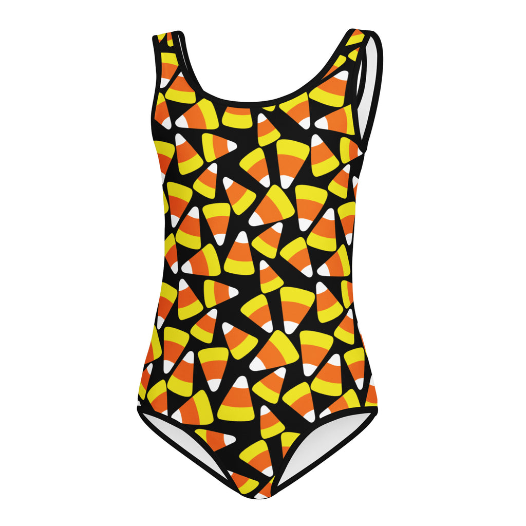 A black one-piece swimsuit with vibrant orange yellow and white candy corn pattern girls buttery soft leotard for dance