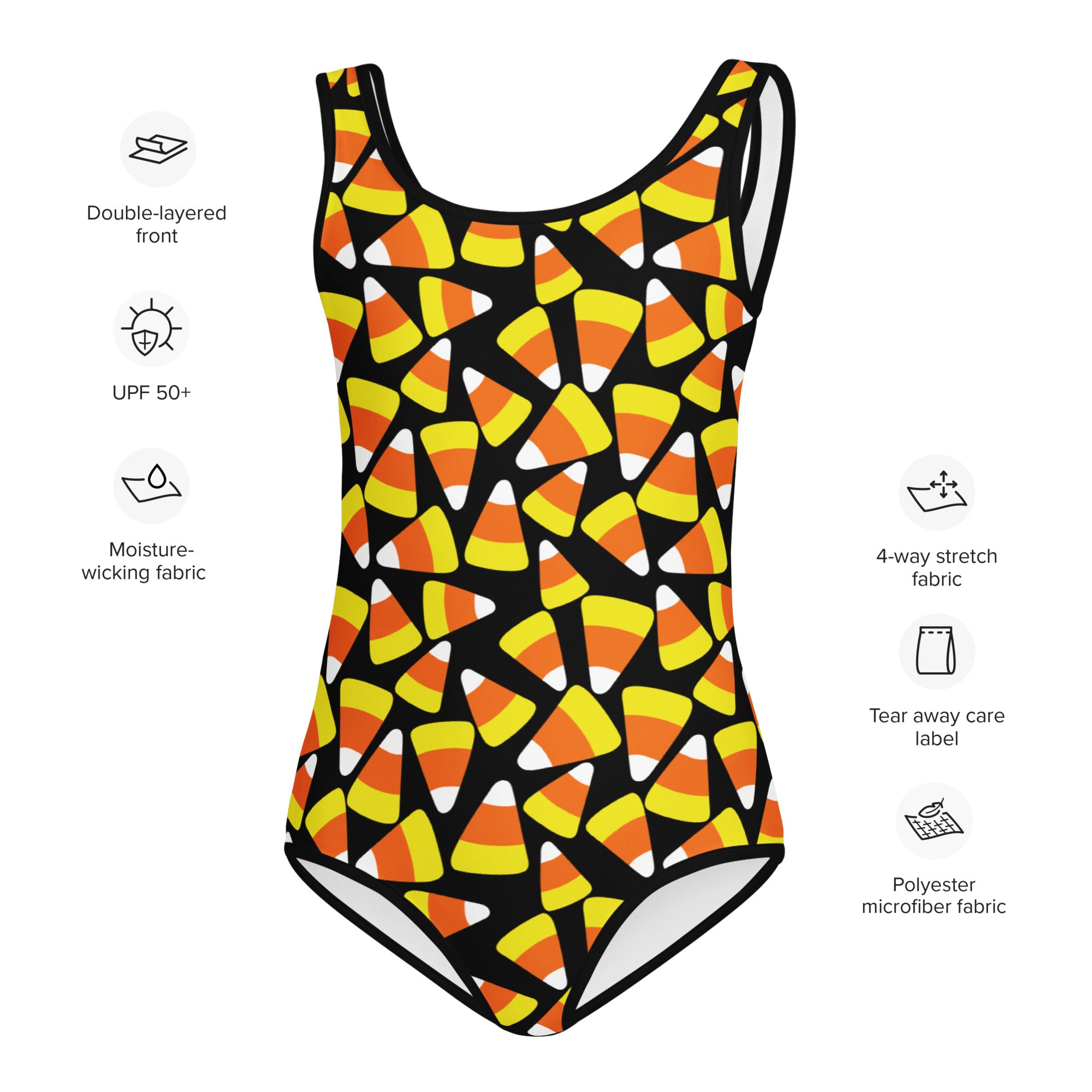 A black girls one-piece swimsuit with candy corn pattern in orange yellow and white quick drying for dance and gymnastics