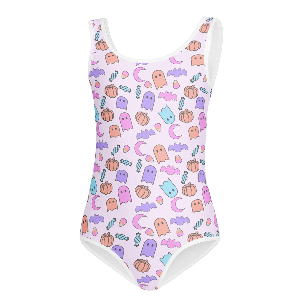 Girls halloween pattern buttery soft leotard in pastel pink with white trim and playful ghost pumpkin bat candy print