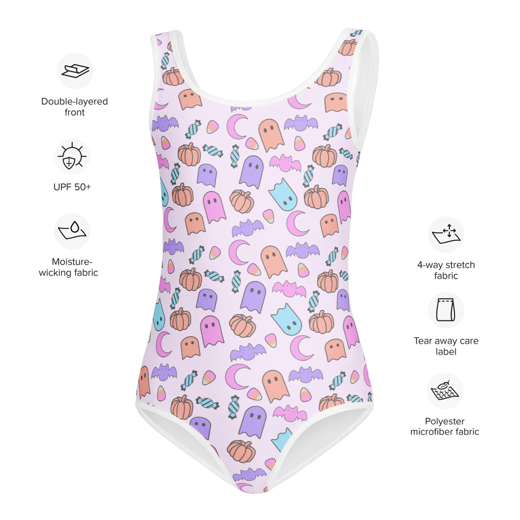 Pastel-colored girls halloween pattern buttery soft leotard with ghosts pumpkins bats and candy on light pink background