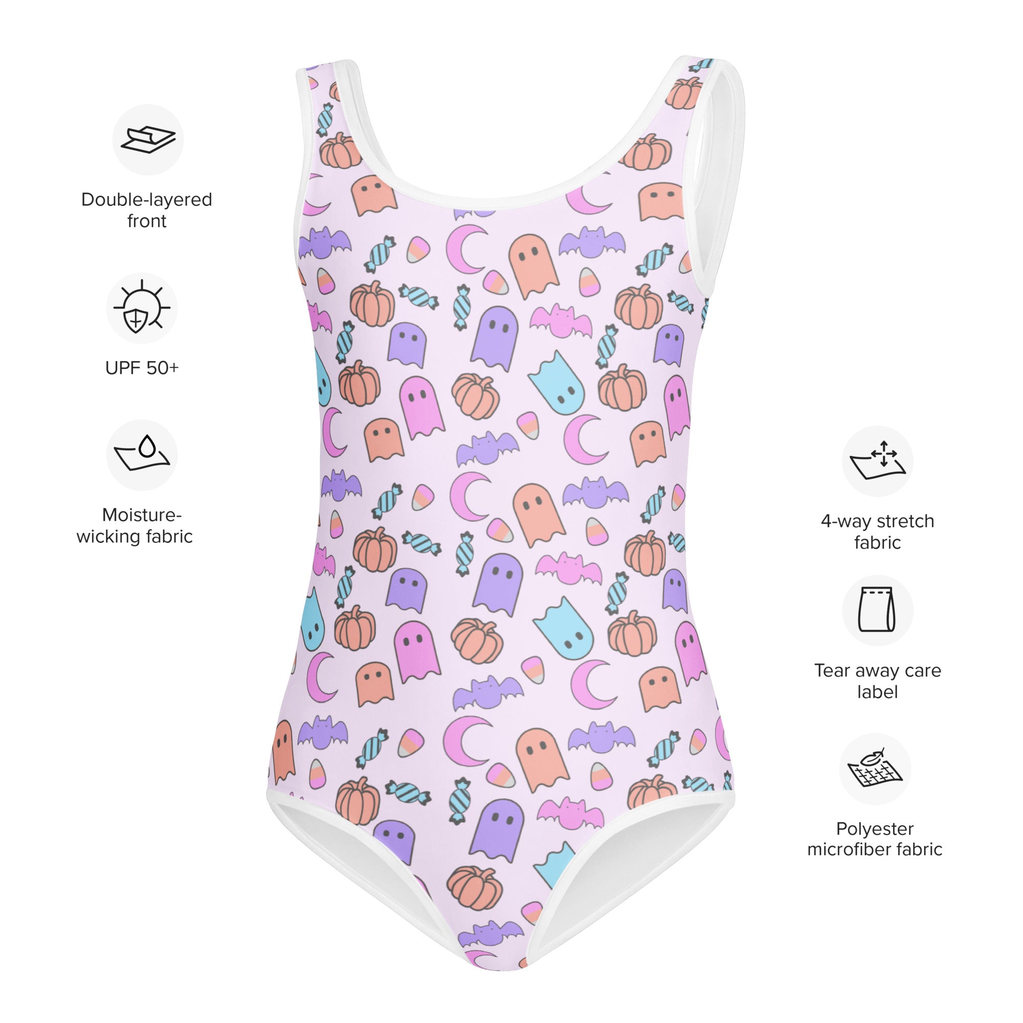 Pastel-colored girls halloween pattern buttery soft leotard with ghosts pumpkins bats and candy on light pink background