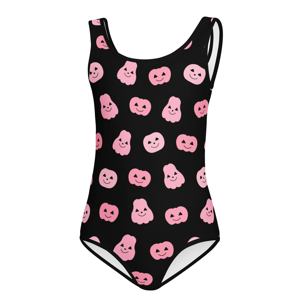 Black one-piece buttery soft girls leotard with pink smiling pumpkin and ghost patterns for dance and gymnastics