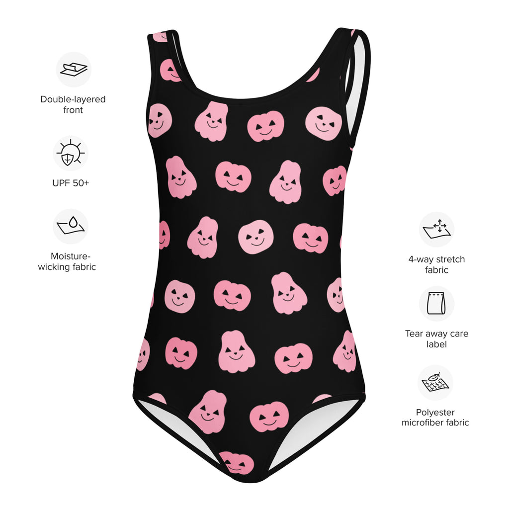 Girls pink pumpkins halloween buttery soft black one-piece swimsuit with pink smiling pumpkin and ghost patterns
