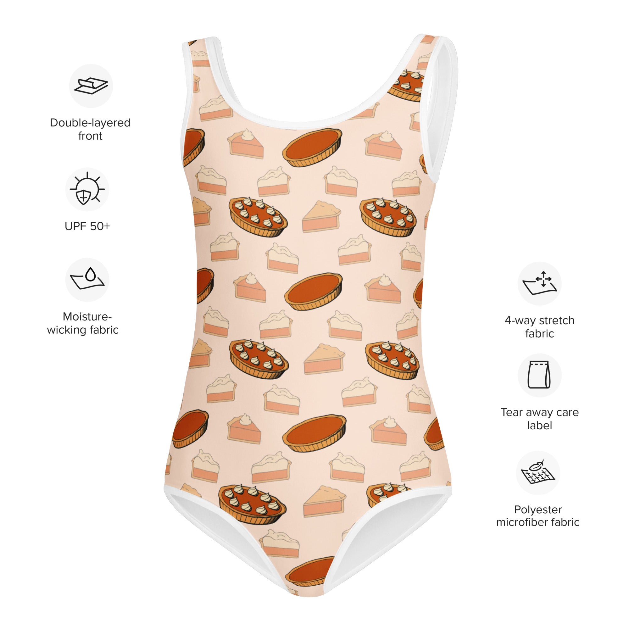 Girls pumpkin pie thanksgiving peach one-piece swimsuit with buttery soft fabric and upf 50 plus protection