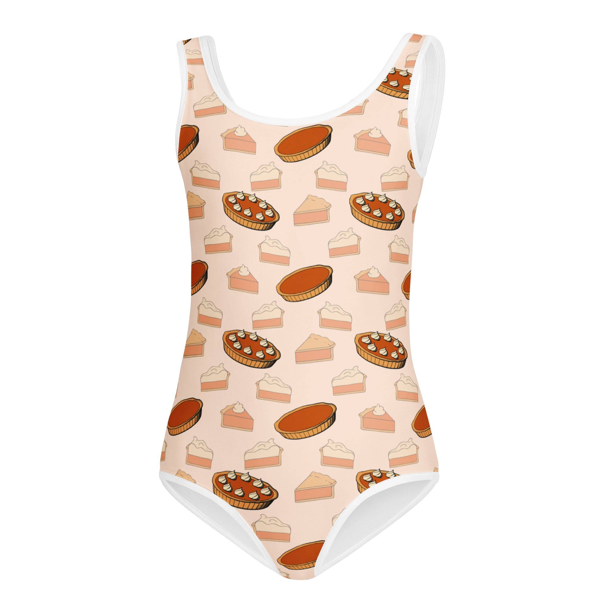 Peach-colored girls pumpkin pie soft leotard with white trim and pie pattern designed for dance and gymnastics