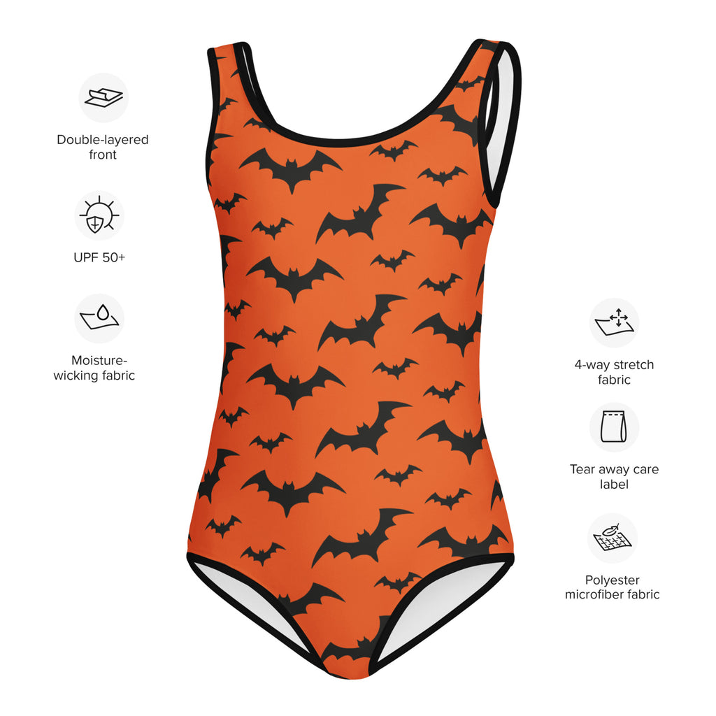 Girls orange one-piece swimsuit with black bat pattern and trim buttery soft fabric with UPF 50 plus protection