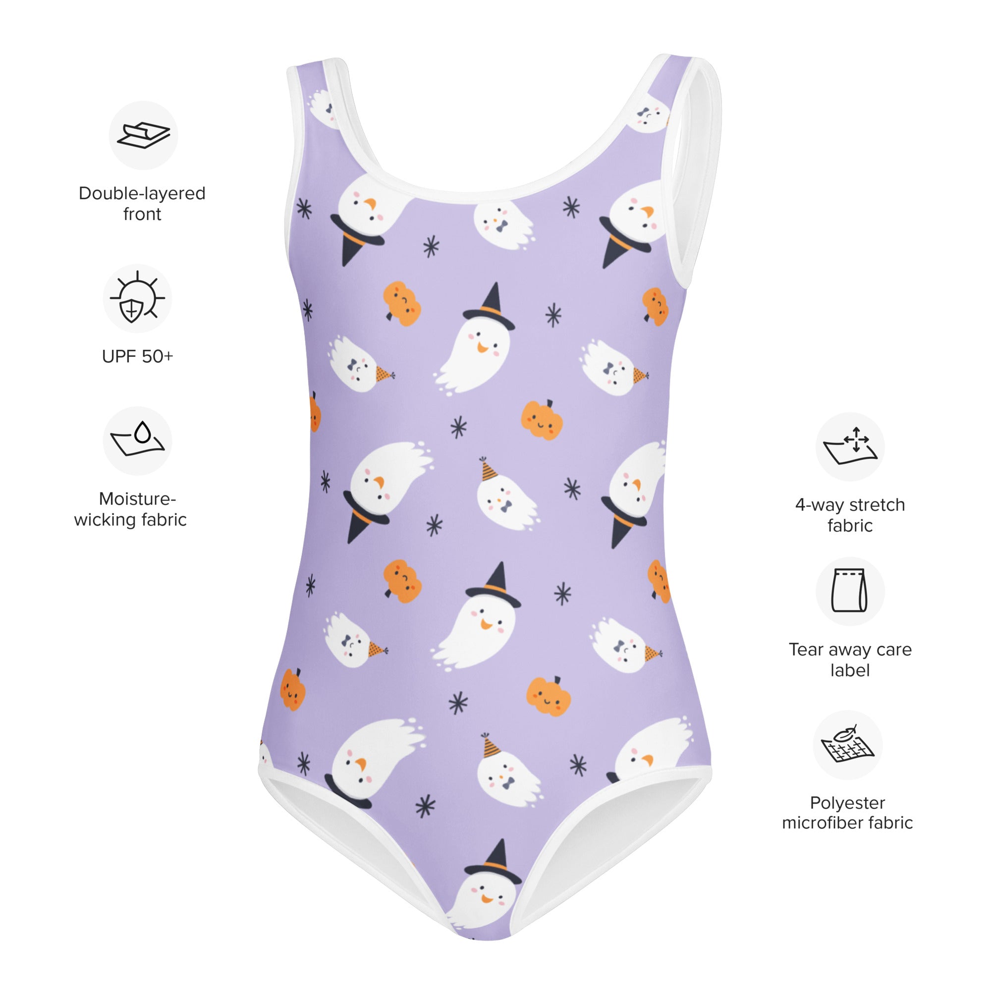 Lavender girls ghost witch halloween buttery soft leotard with playful ghost and pumpkin print in stretchy microfiber