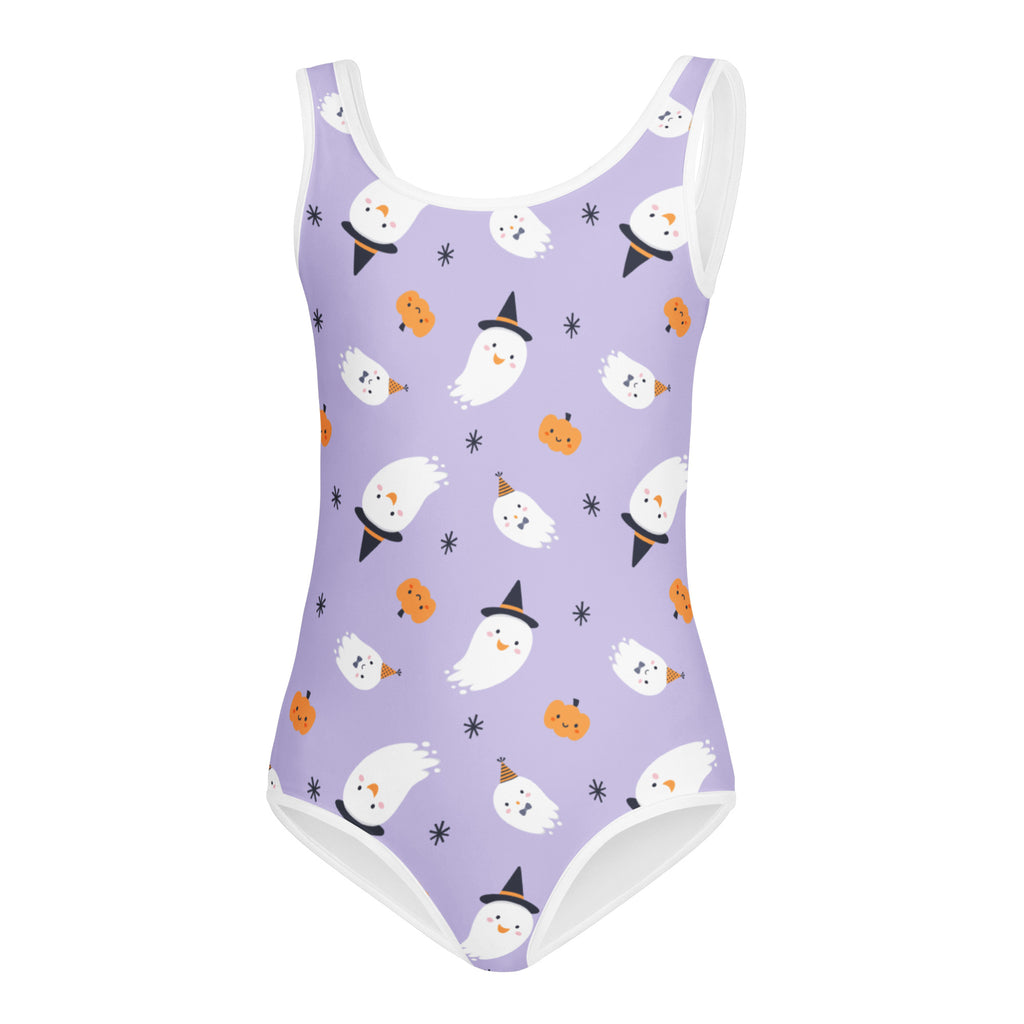 Lavender girls ghost witch halloween buttery soft one-piece swimsuit with white trim and quick drying fabric for dance and gymnastics