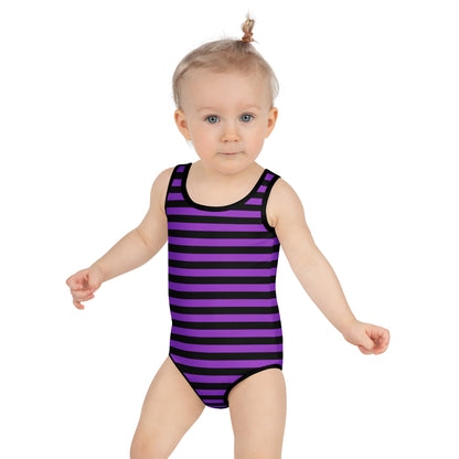 Girls Purple And Black Halloween Striped Buttery Soft Swimsuit With UPF 50+